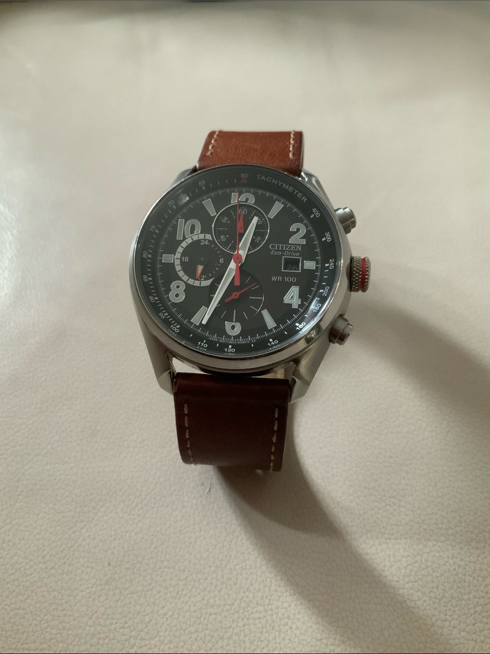 Citizen Eco-Drive Chronograph Watch Mens 45mm.  Brown Leather B612-S087899